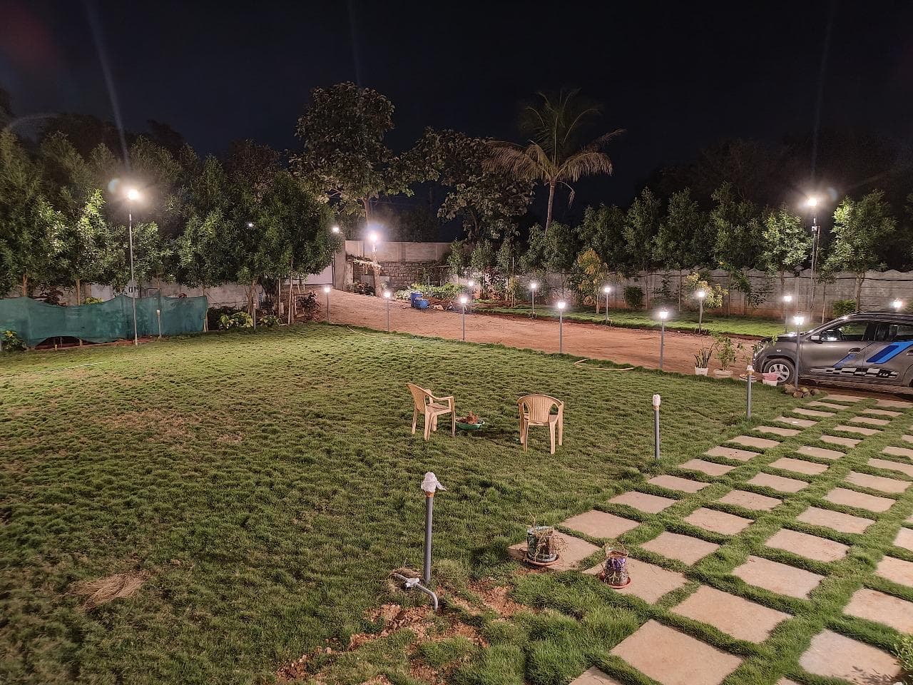 Sprawling garden at night